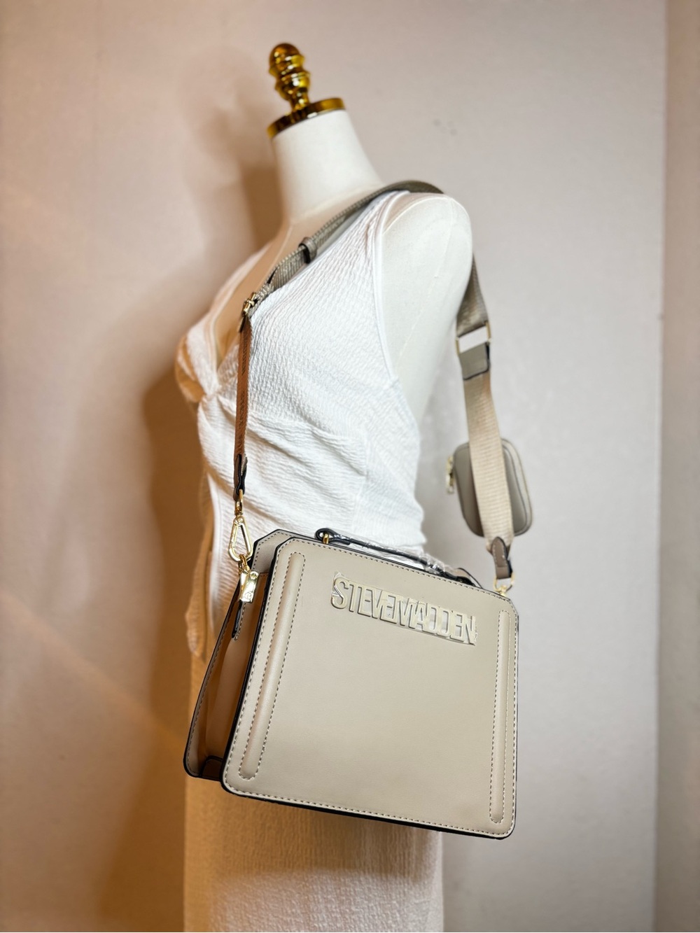 Steve Madden Cream Structured Crossbody Bag with Accent Strap